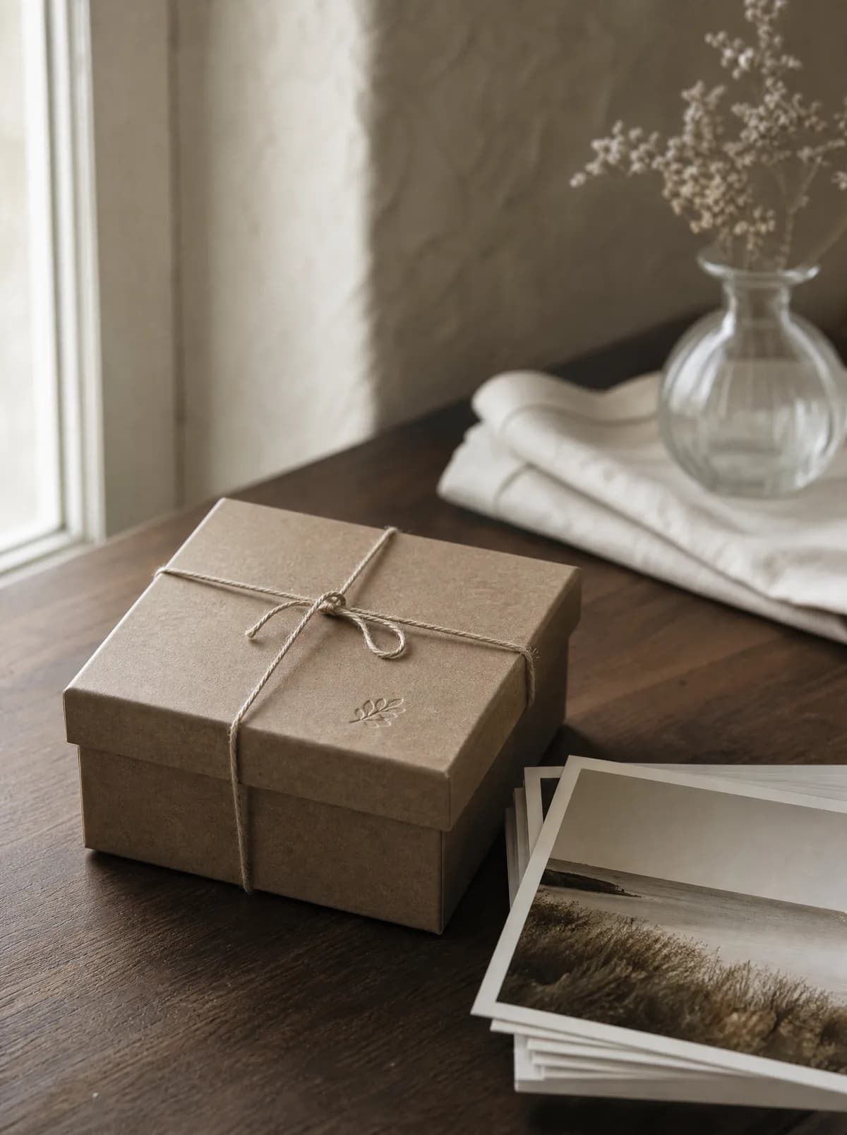 Small craft-paper box tied with cotton twine