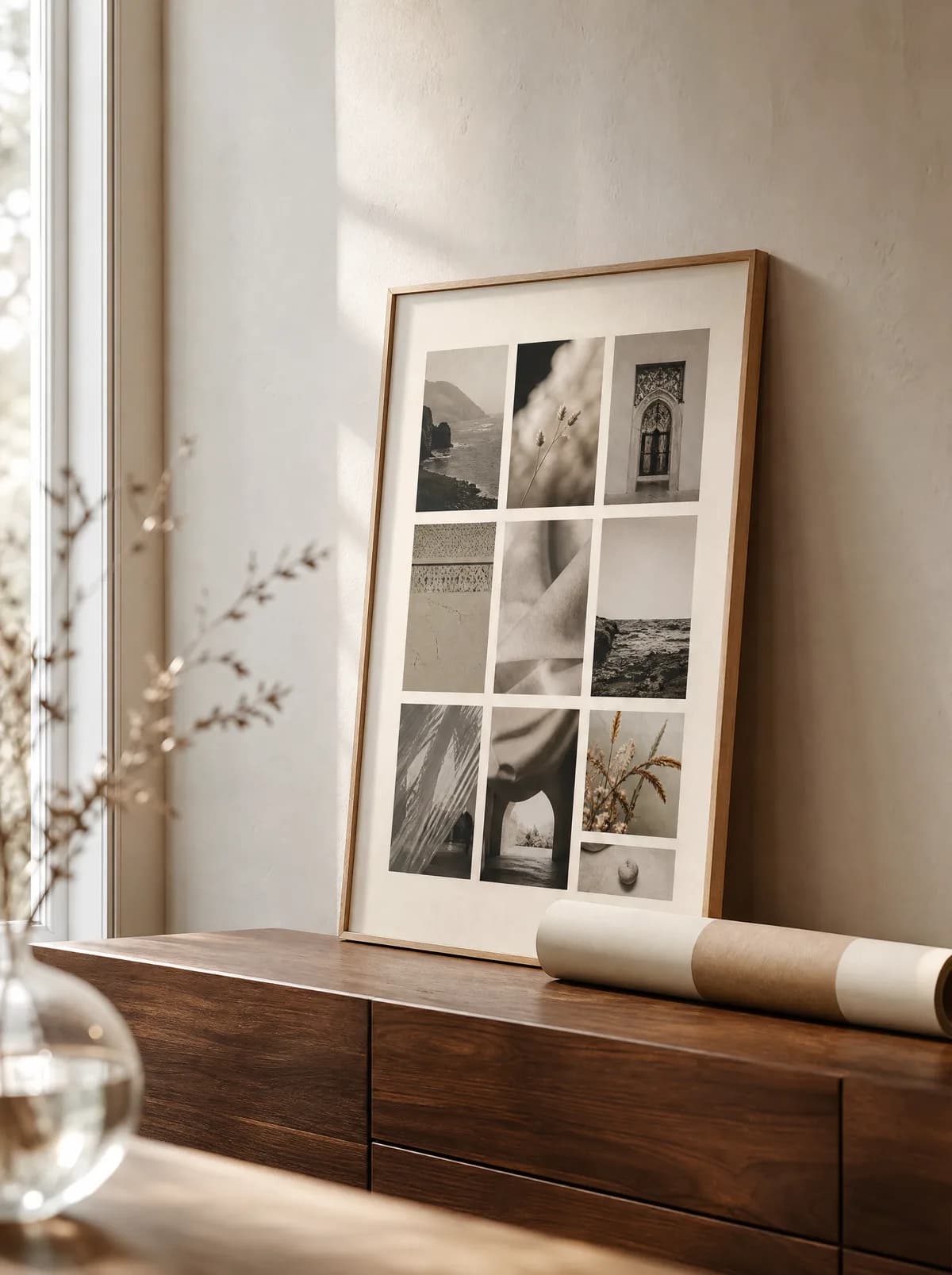 Oak-framed collage poster leaning against a wall