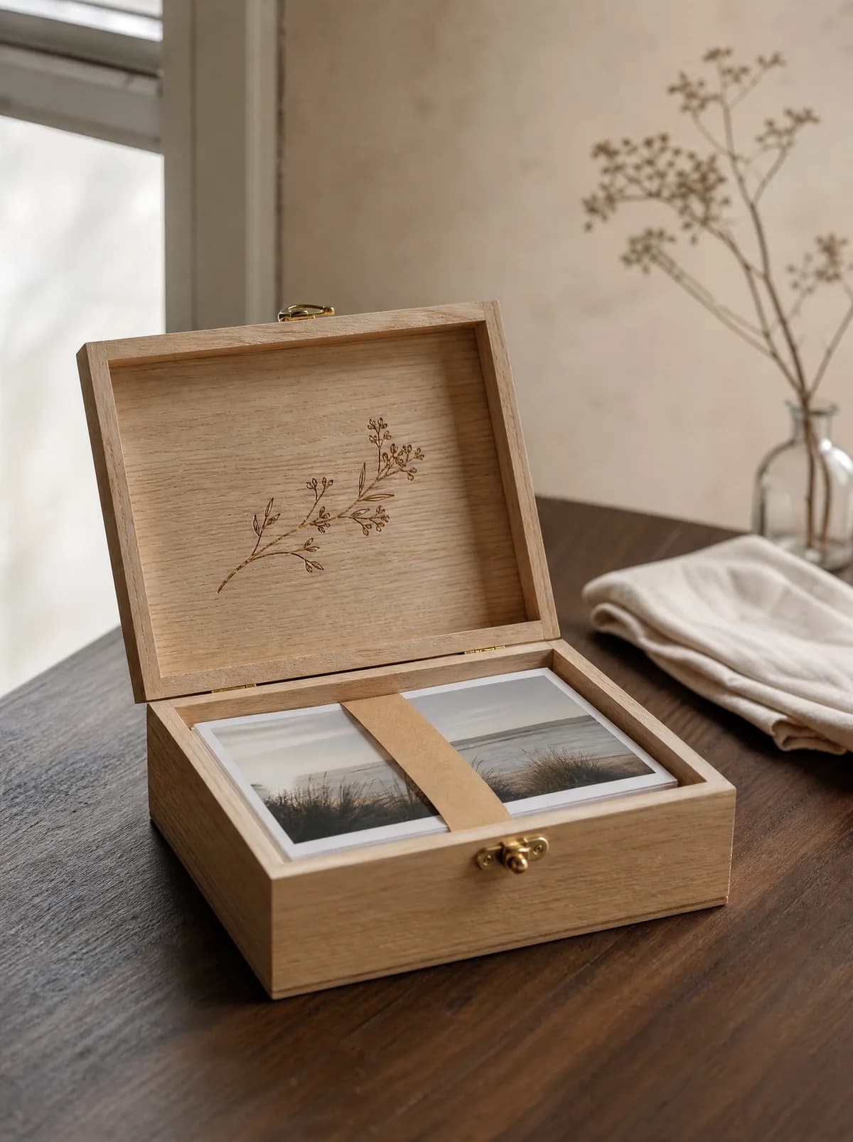Open engraved oak box with prints inside